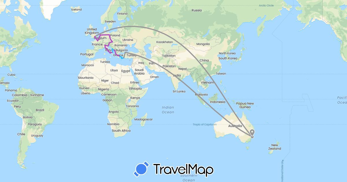 TravelMap itinerary: driving, plane, train, boat in Austria, Australia, Czech Republic, Germany, France, United Kingdom, Greece, Croatia, Italy, Montenegro, Netherlands, Turkey (Asia, Europe, Oceania)