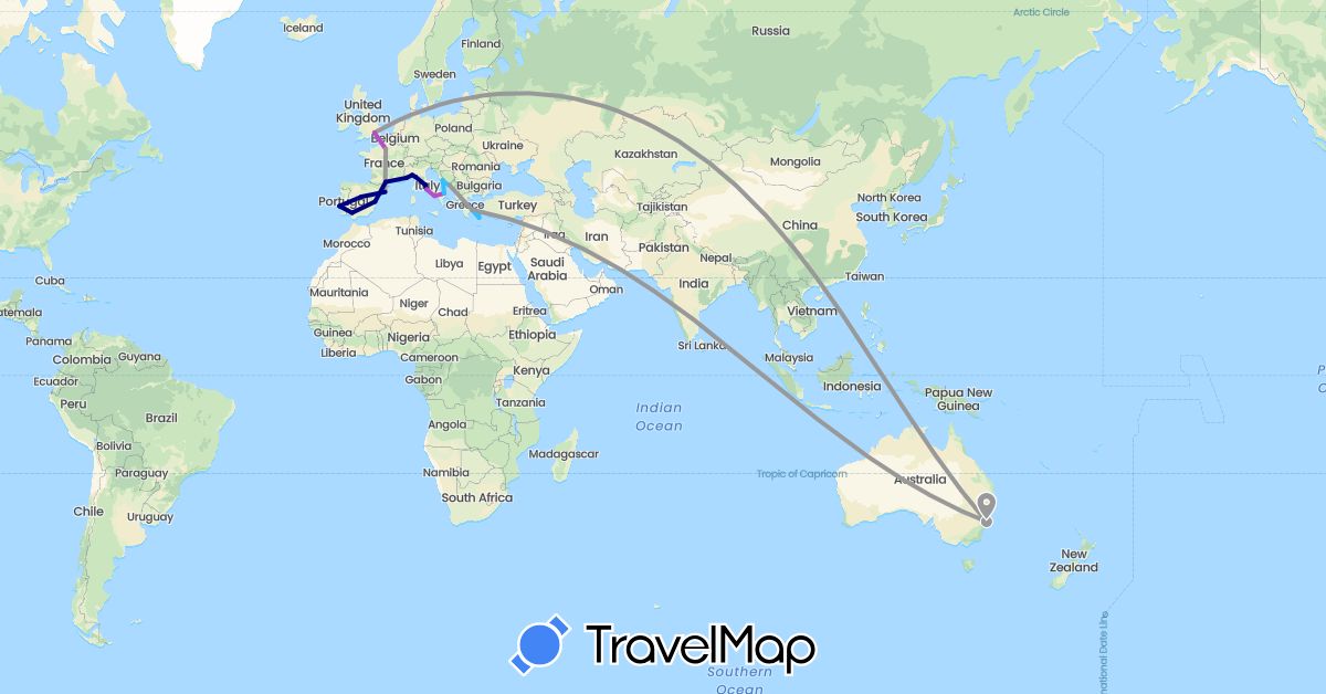 TravelMap itinerary: driving, plane, train, boat in Australia, Spain, France, United Kingdom, Greece, Croatia, Italy, Portugal (Europe, Oceania)
